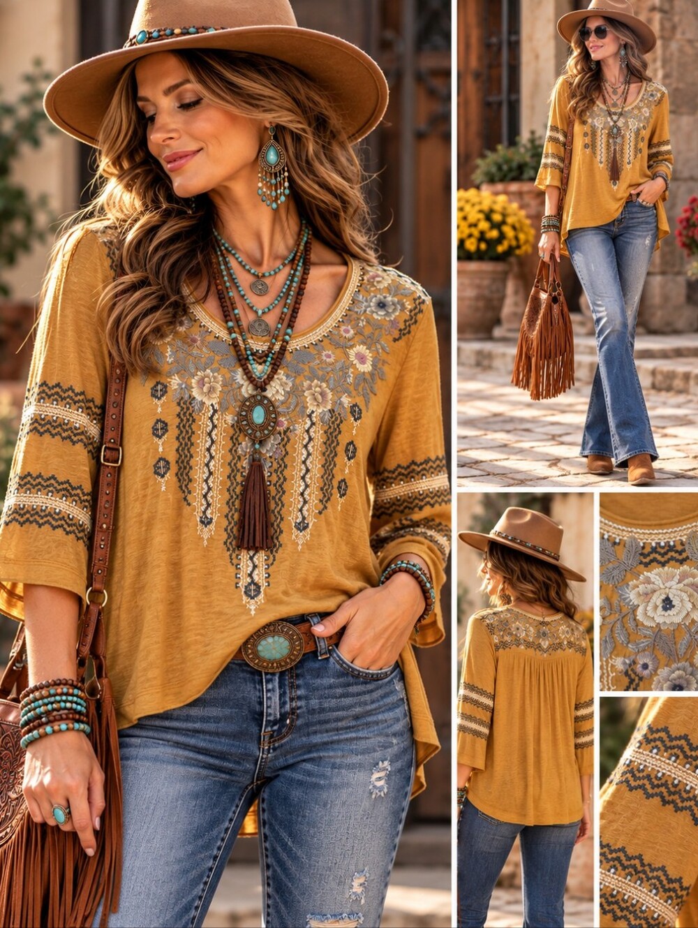 Johnny Was Small Mustard Floral Embroidered Boho Tunic Top Southwest 3/4 Sleeve